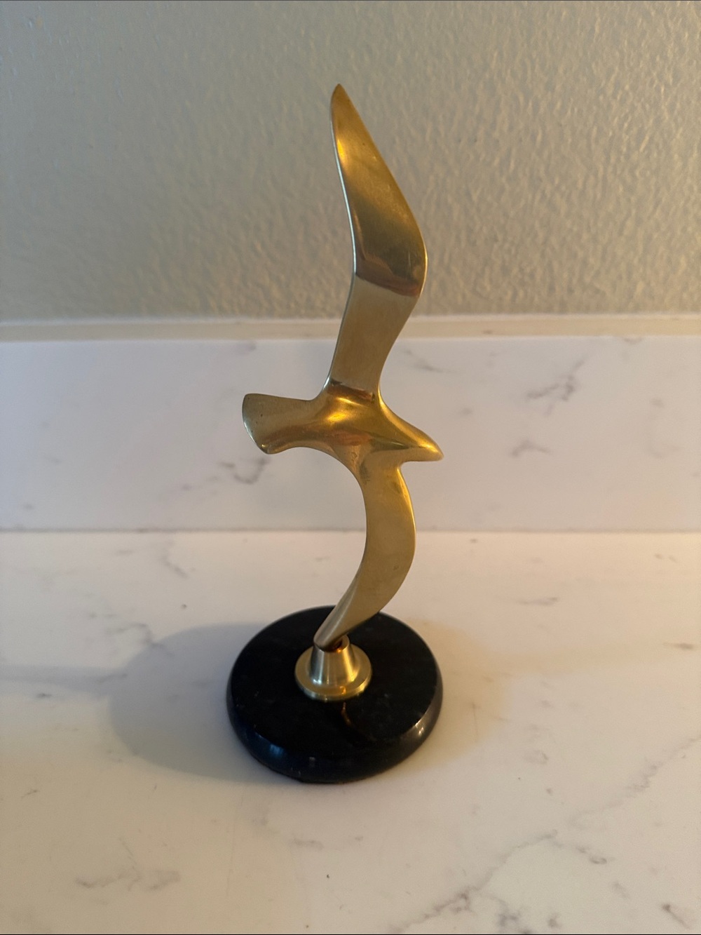 Vintage Brass Seagull Sculpture on Black Marble Base